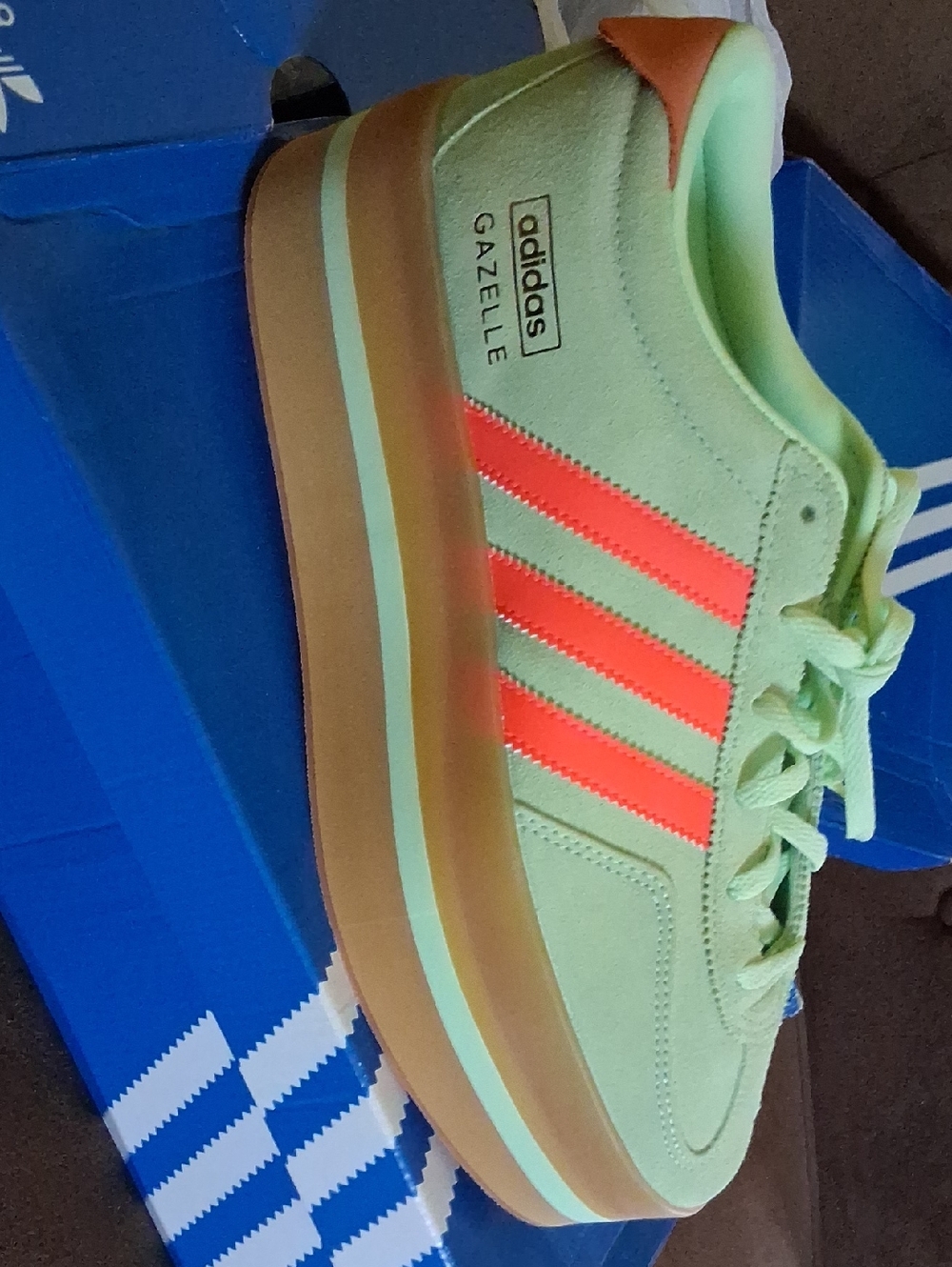 adidas Gazelle Platform in Mint Green with Neon Coral Stripes
